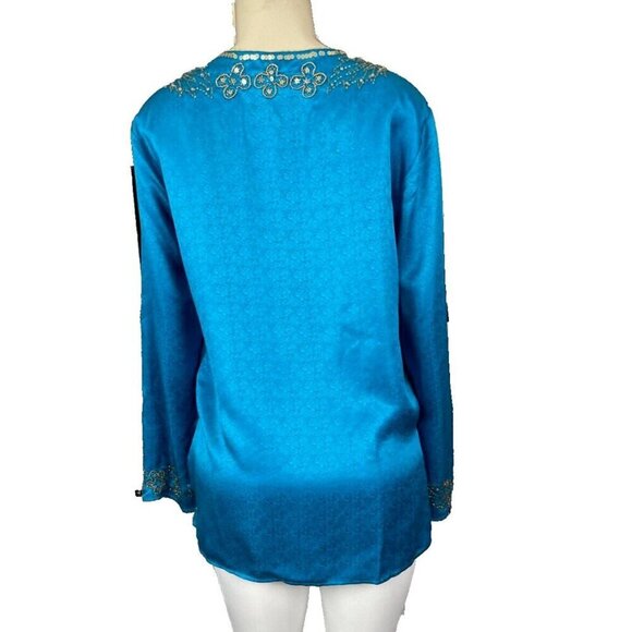 Itsu 14 Teal 100% Silk Textured Beaded Sequin Split Neck Long Bell Sleeve Top - Picture 4 of 6